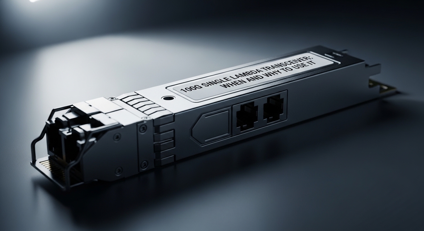 Cinematic editorial photograph of 100G single lambda transceiver, 100G Single Lambda Transceiver: When and Why to Use It, dra