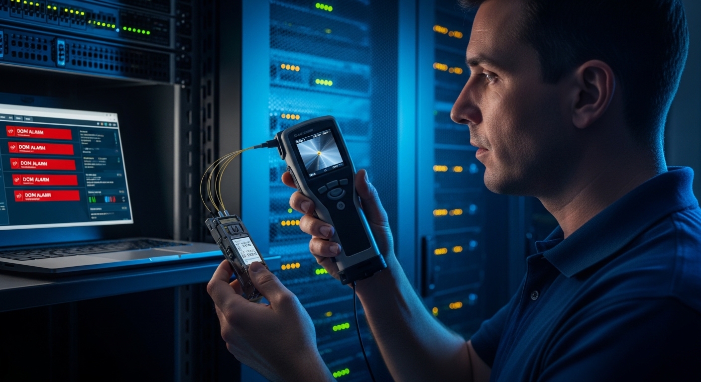 Concept art scene of a network ops engineer in a server room holding a fiber cleanliness inspection tool and a transceiver, w