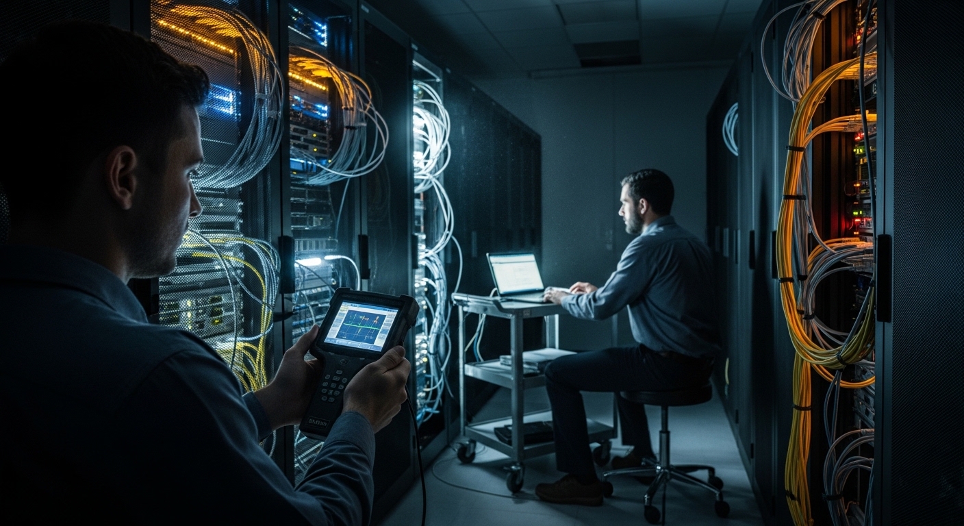 Realistic lifestyle scene of a server room at night with technicians using a handheld OTDR and laptop; LED rack lights, blue 
