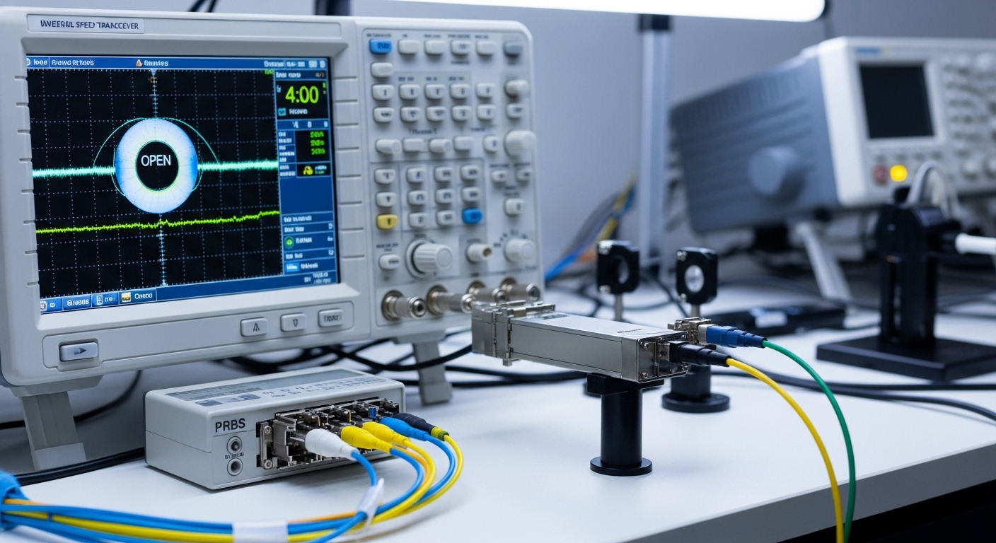 High-resolution lab photography of a fiber-optic transceiver under test on an optical bench; a high-speed oscilloscope with a