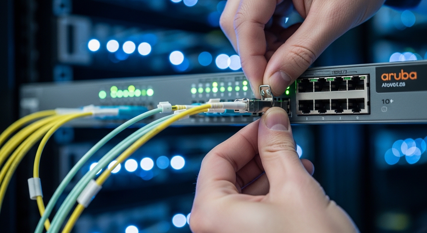 A hyper-realistic photography scene inside a server room, close-up on a technician’s hands inserting an SFP+ transceiver into