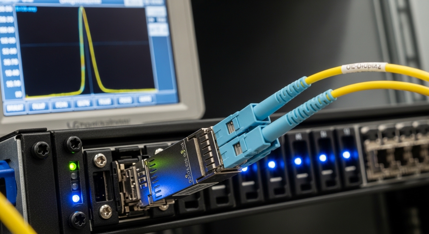 Close-up photography of an LC-duplex fiber patch cable connected to a long-haul transceiver module on a 19-inch telecom rack,