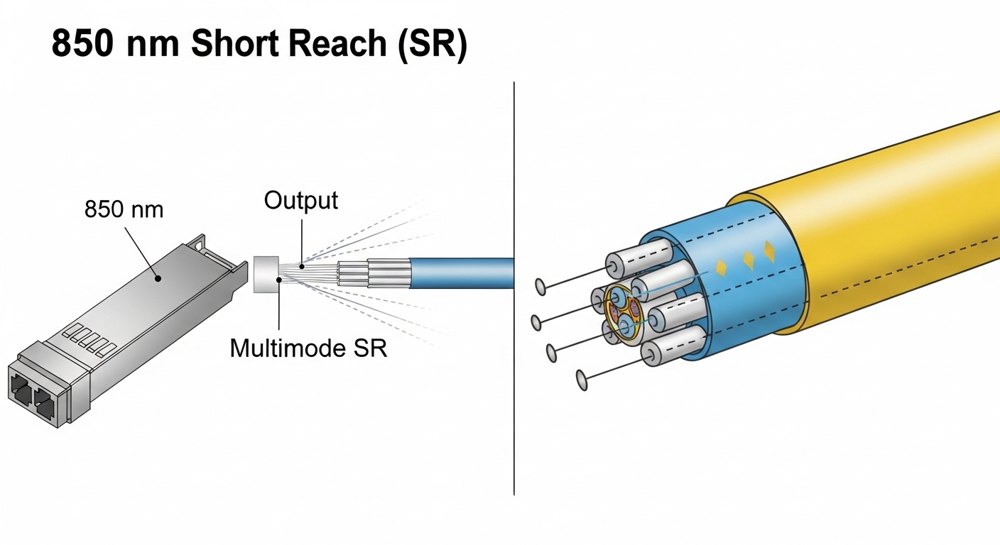 Clean vector illustration comparing three optical transceiver categories; left panel shows 850 nm multimode SR with a multi-l