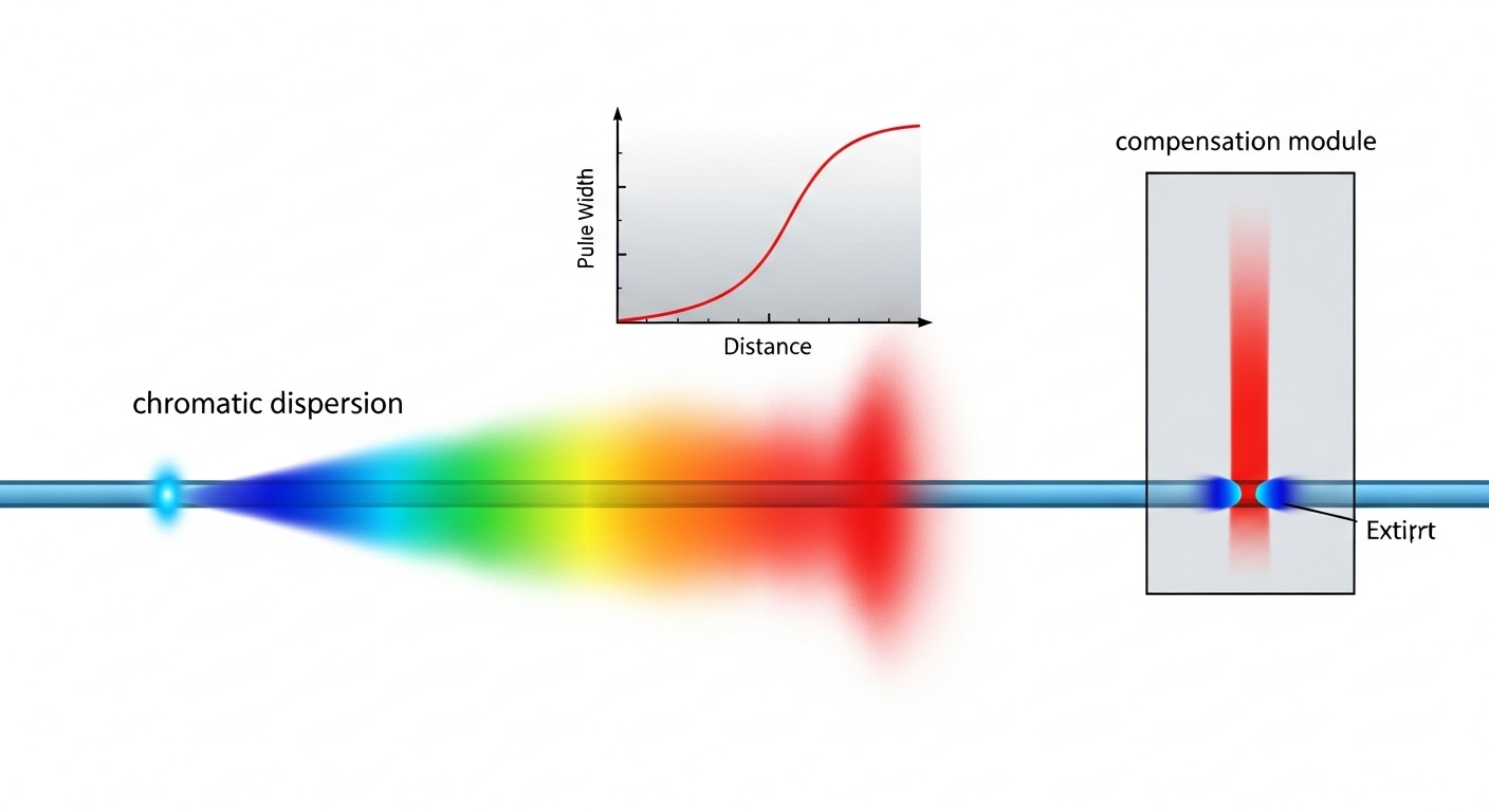Vector illustration concept showing a fiber link as a straight line with colored pulse spreading (blue to red gradient) label
