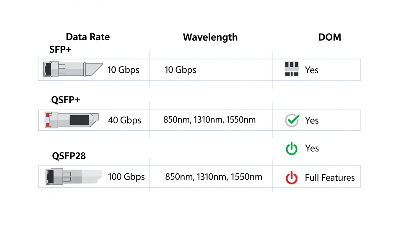 An infographic-style illustration comparing transceiver specs side-by-side, three panels labeled Data Rate, Wavelength, DOM, 