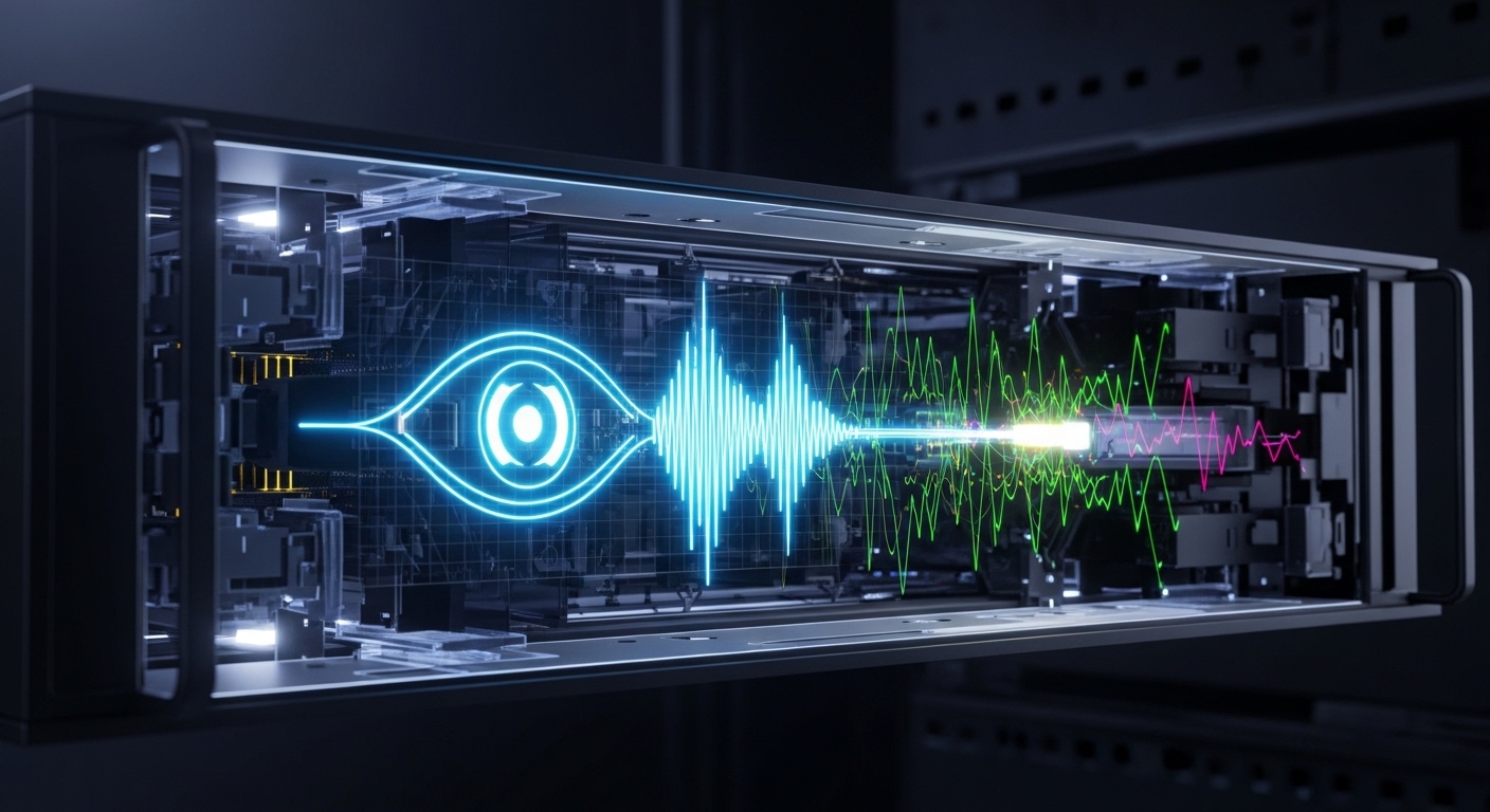 Concept art style scene of a rack-mounted switch with translucent layers showing an eye diagram waveform overlaying the fiber