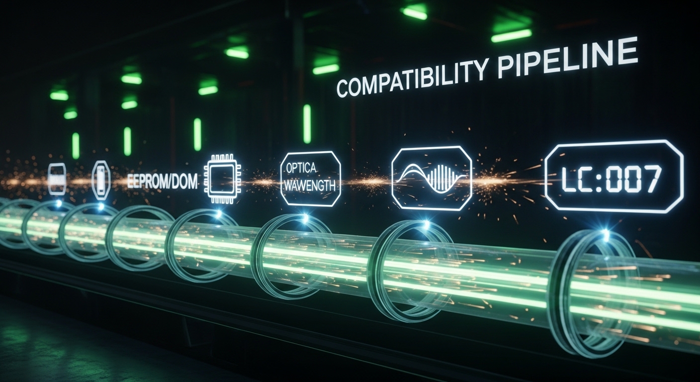 Concept art scene of a “compatibility pipeline” like a glowing assembly line, with icons for EEPROM/DOM, optical wavelength, 