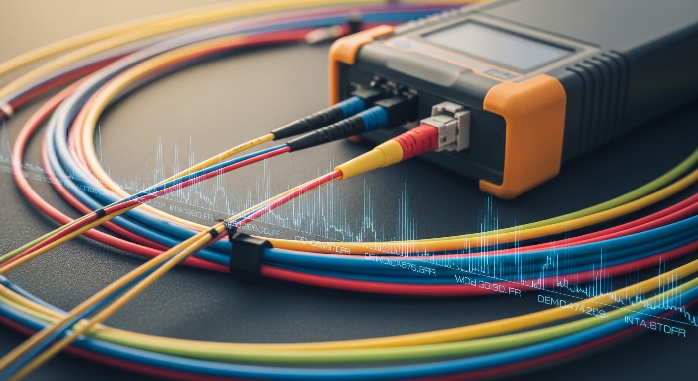 Concept art scene of a technician using a handheld OTDR and a laptop showing an optical budget spreadsheet on-site, with colo