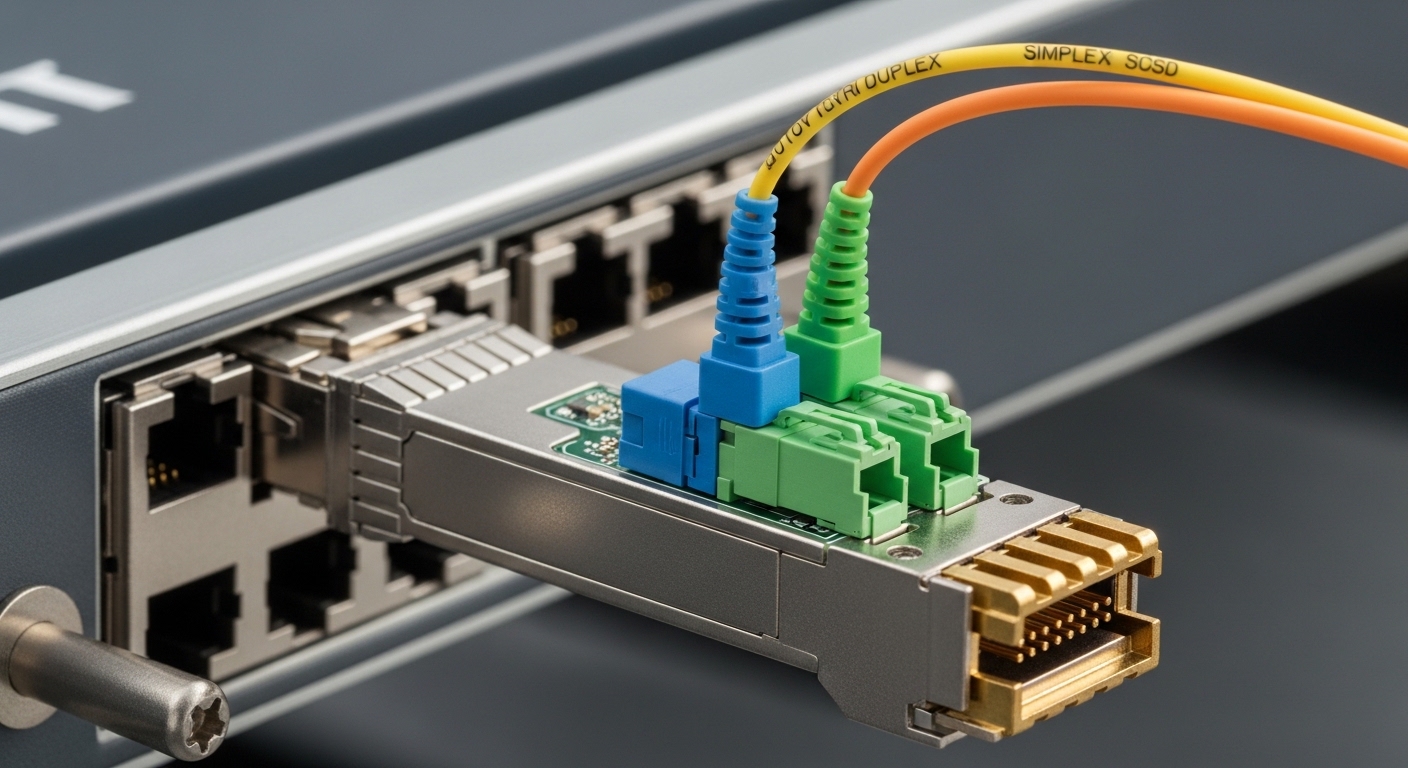 A close-up macro photograph of a tunable DWDM transceiver module inserted into a telecom line card slot inside a 19-inch rack