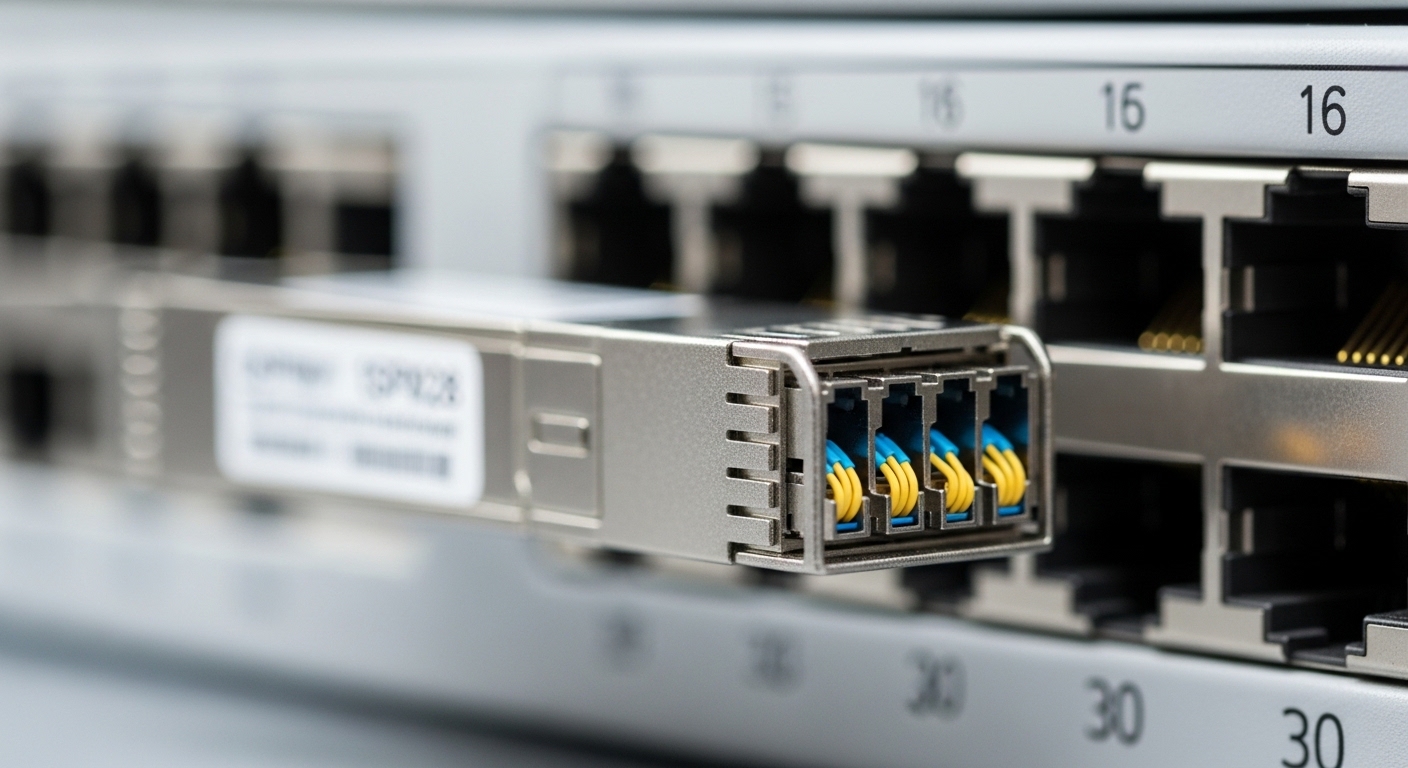 Close-up photo of a QSFP28-style 100G breakout transceiver module seated in a high-density spine switch front panel, with fou