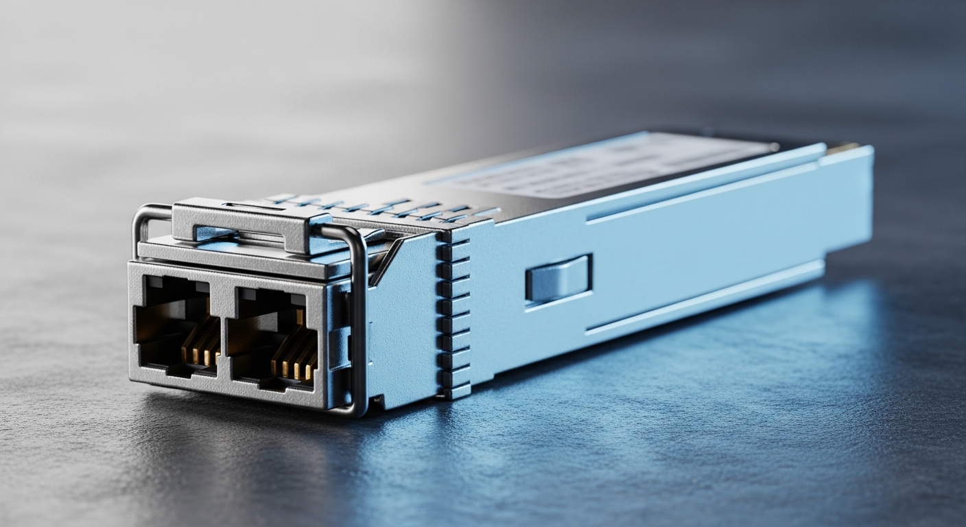 Macro photography of a metal SFP transceiver module on a workbench, angled three-quarter view, visible latch and gold-plated 
