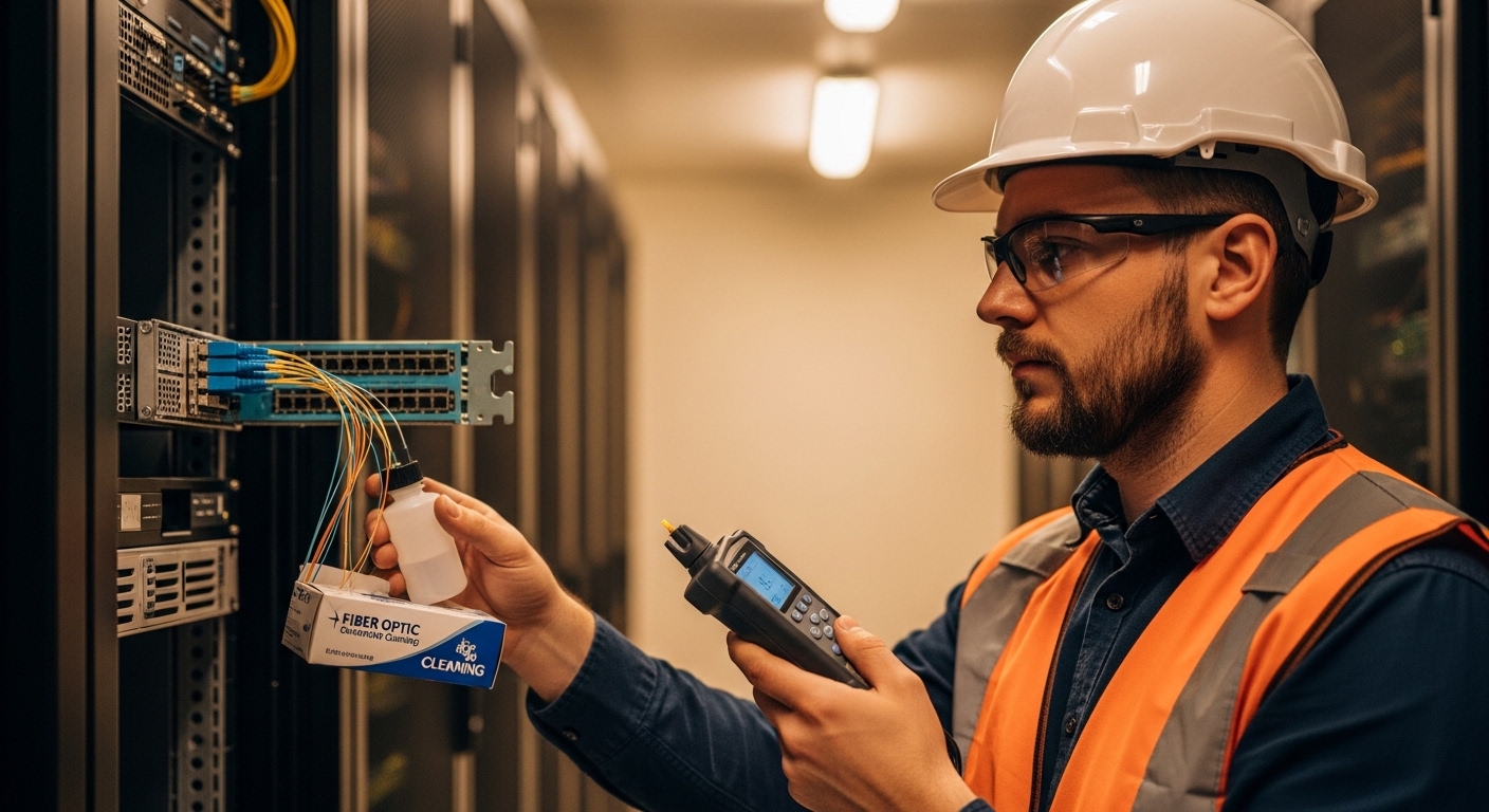 A lifestyle-style photo of a field technician in a telecom shelter wearing safety gear, holding a fiber cleaning kit and a ha
