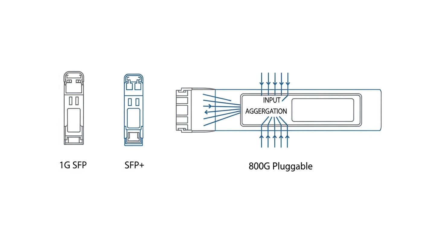 Clean vector illustration comparing three modular shapes: an early 1G SFP silhouette, an SFP+ silhouette, and a conceptual mu