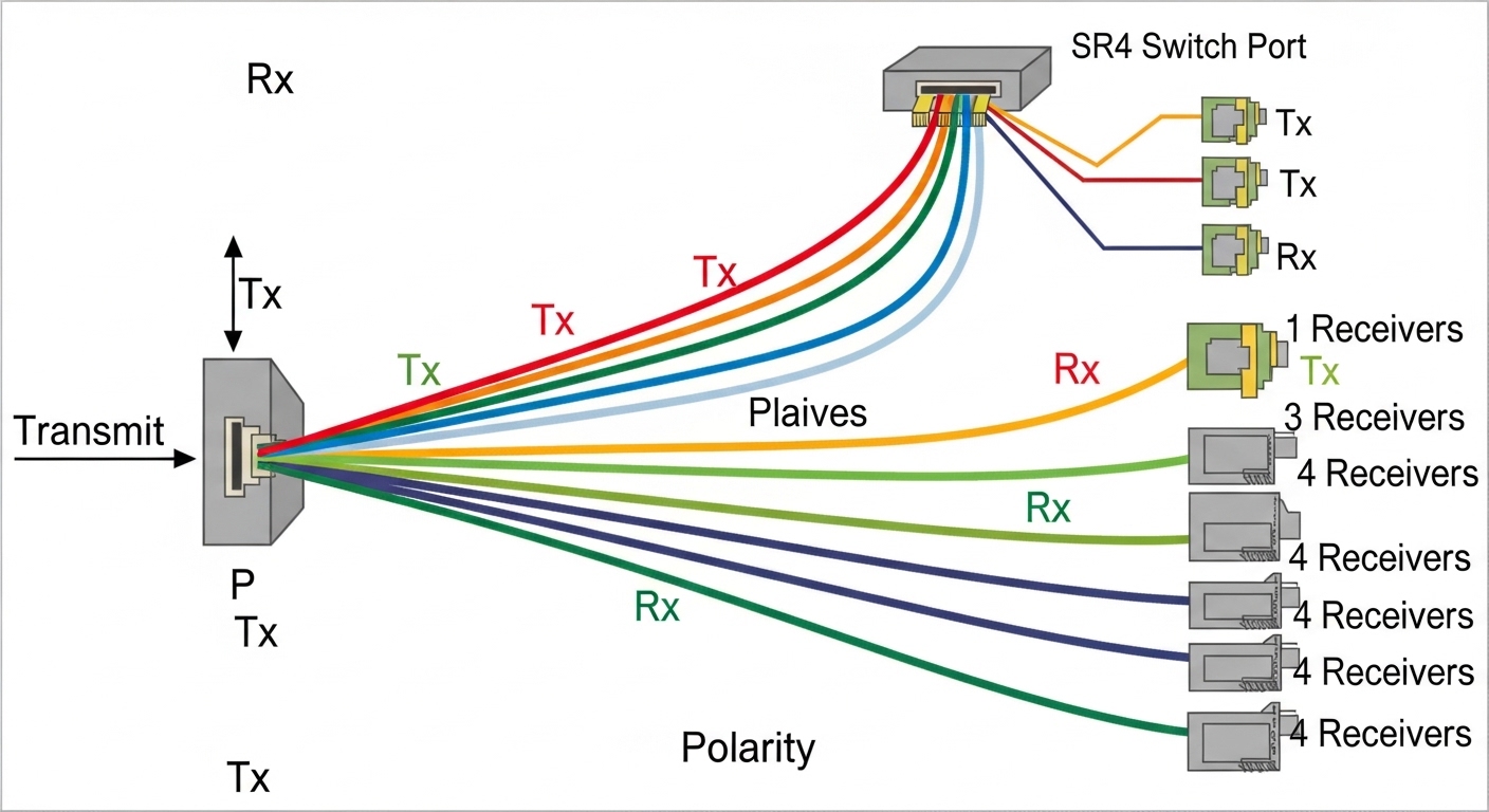 Engineering illustration showing MPO/MTP polarity alignment for a 4-lane SR4 breakout, with color-coded lanes mapping to four