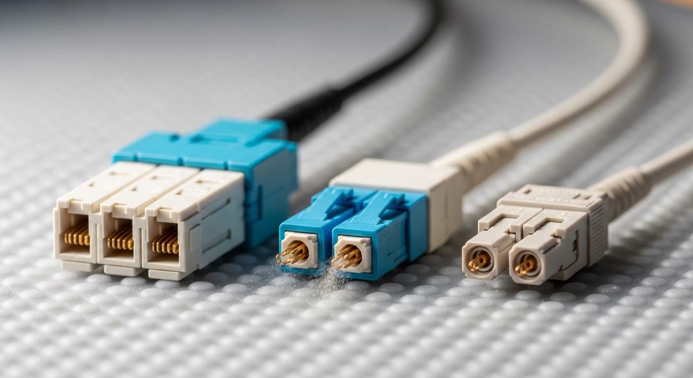 A macro photography scene of three fiber connector types laid side-by-side on an anti-static mat: an MTP multi-fiber array co