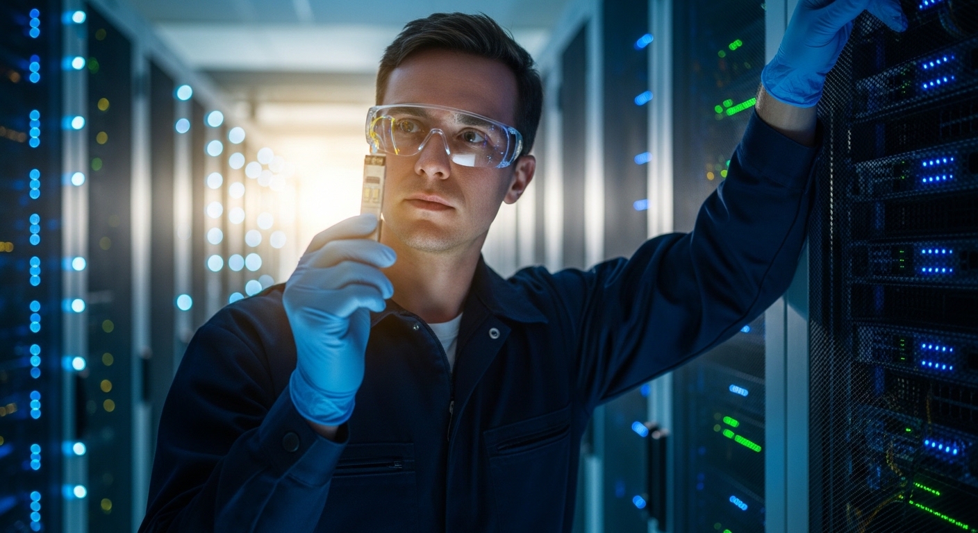 Realistic lifestyle scene in a data center aisle: a field engineer wearing PPE holding a fiber optic transceiver, blue LEDs f