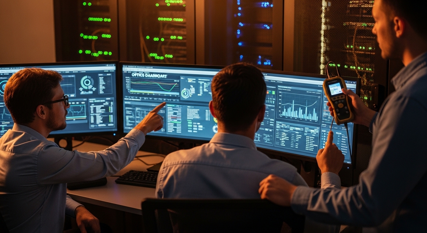 Lifestyle-style scene of a network operations center team reviewing an optics dashboard on dual monitors, with a technician h