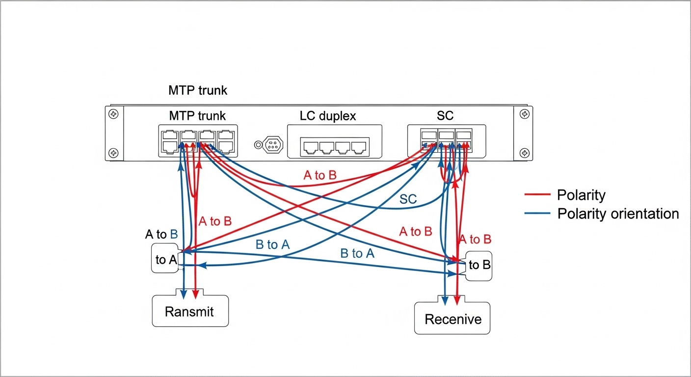 An illustrated network diagram showing a data center patch panel with three port types labeled MTP trunk, LC duplex, and SC; 