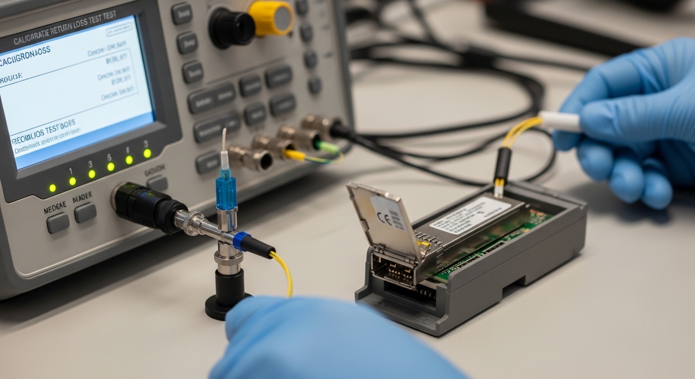 A close-up photography scene of a fiber optics test setup: a calibrated return loss test set connected via a precision fiber 