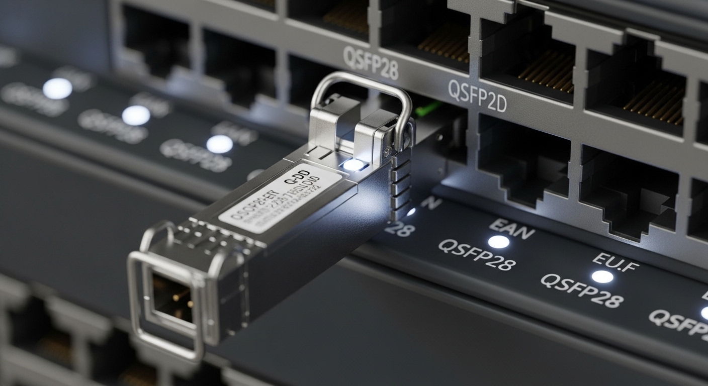 A photorealistic close-up of a QSFP-DD optical transceiver inserted into a QSFP28 cage inside a modern data center switch, sh