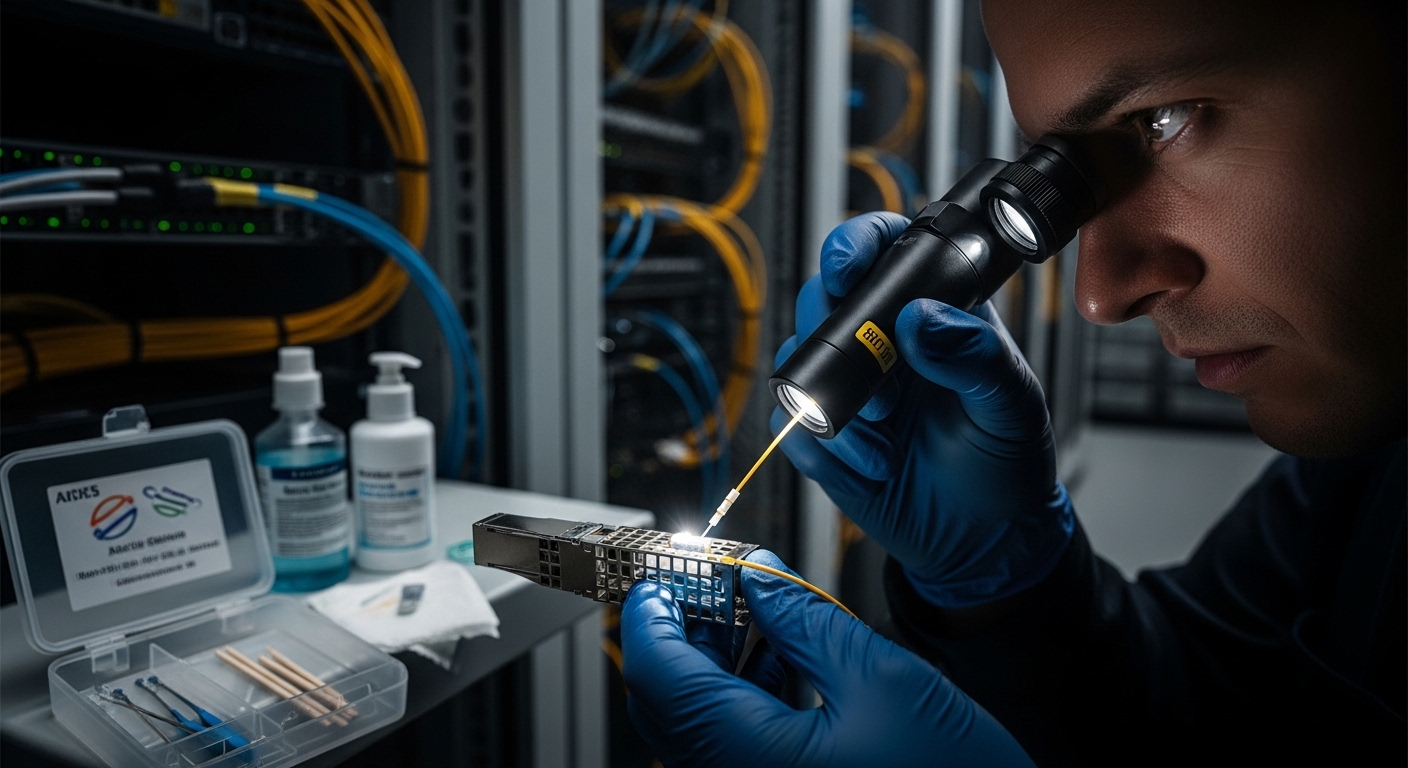 Photography of a technician in a server row using a handheld fiber inspection scope at close range on an LC duplex ferrule; i