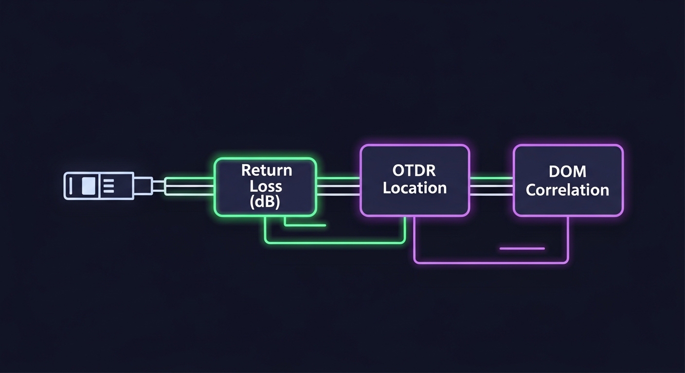 Illustrated concept art showing a measurement workflow pipeline: a stylized transceiver icon connected to a fiber line that b