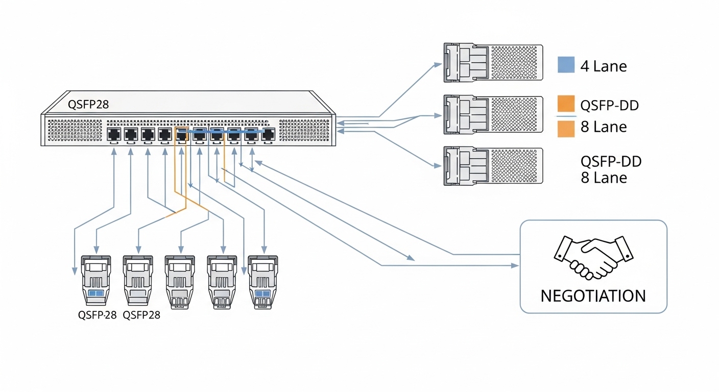 An engineering illustration in clean vector style showing a network rack with arrows from a QSFP28 switch to QSFP-DD modules,