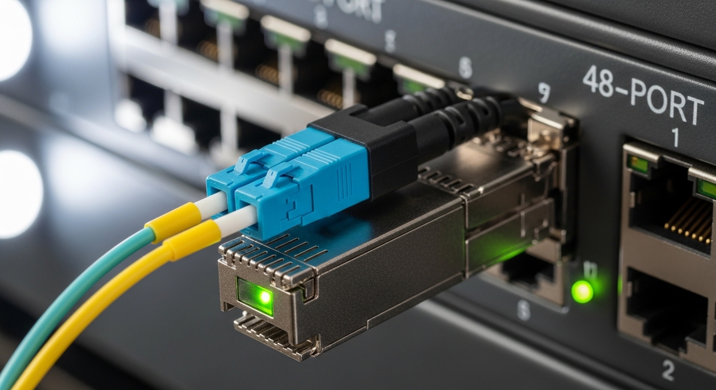Macro photography of an LC duplex fiber connector plugged into a transceiver cage on a 48-port campus switch, shallow depth o