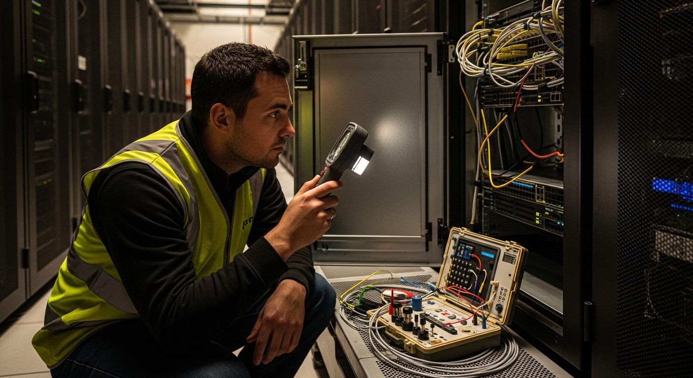 A lifestyle-style warehouse or server-room scene with a field engineer in a high-visibility vest using a handheld magnifier a