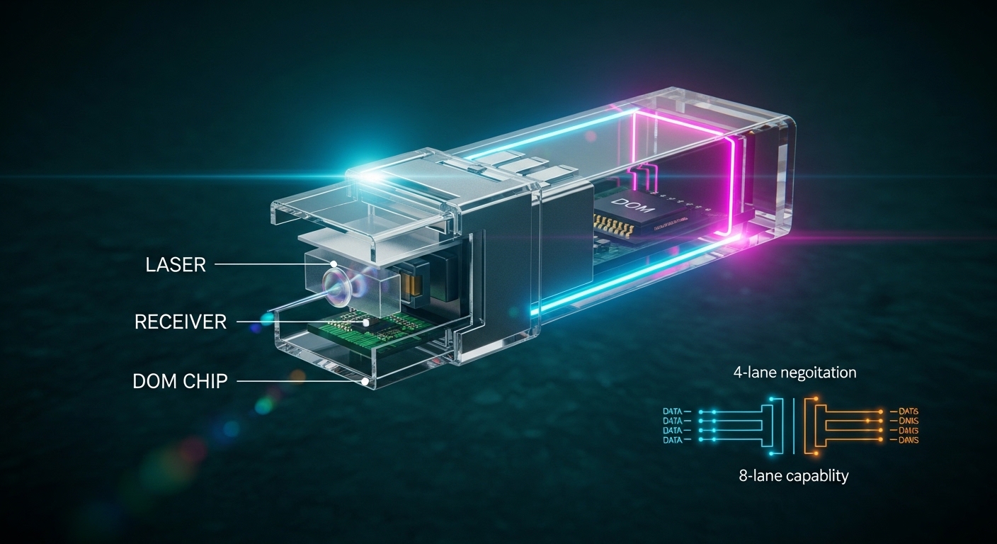 Concept art of a translucent optical transceiver cross-section with labeled layers (laser, receiver, DOM chip), overlaying a 