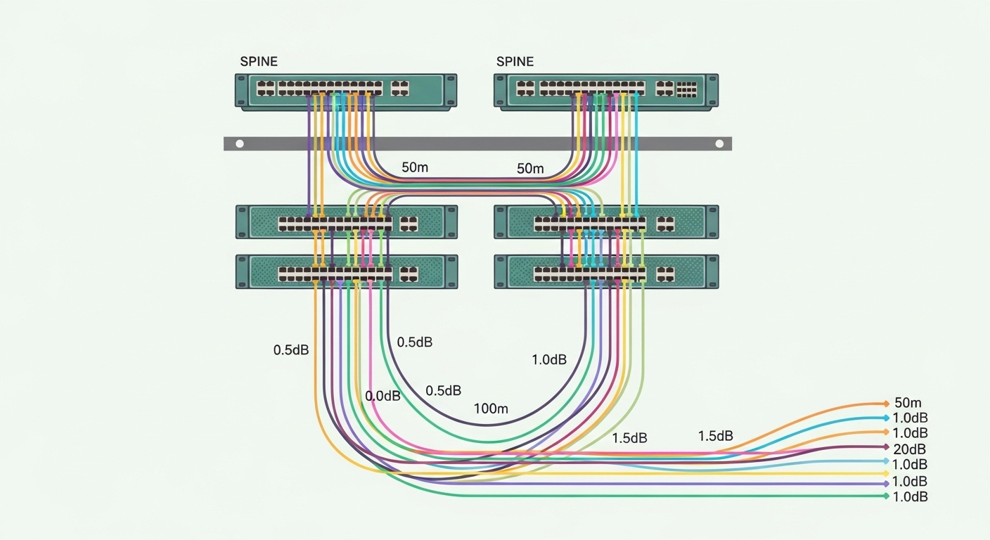 Illustration-style diagram of a campus network rack with leaf and spine switches, colored fiber paths labeled with distance a