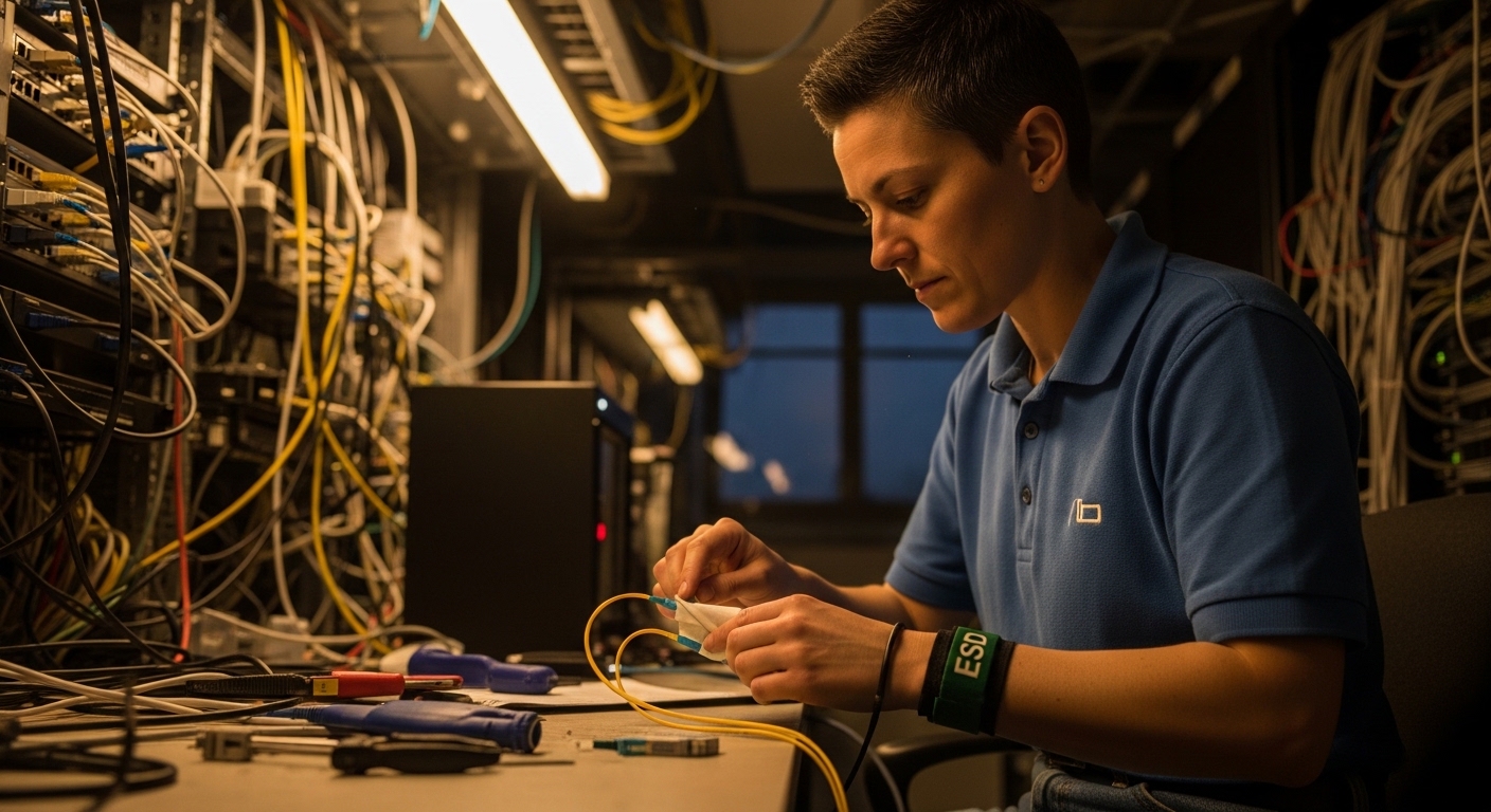 Lifestyle scene inside an enterprise wiring closet at dusk, technician wearing ESD wrist strap cleaning an LC connector with 