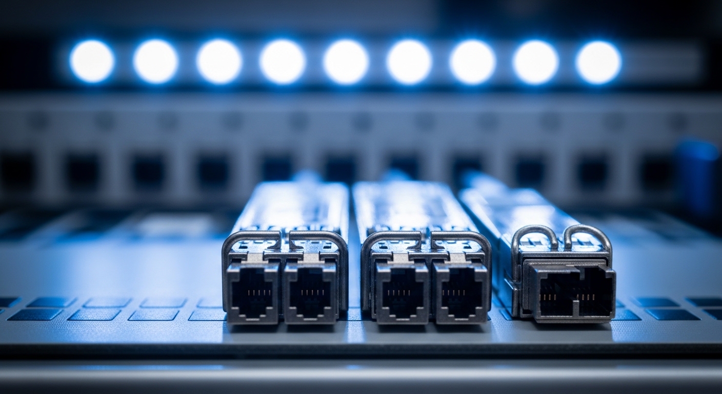 Macro photography of a QSFP28 and QSFP56 transceiver pair on a fiber patch panel bench, connectors facing camera, shallow dep