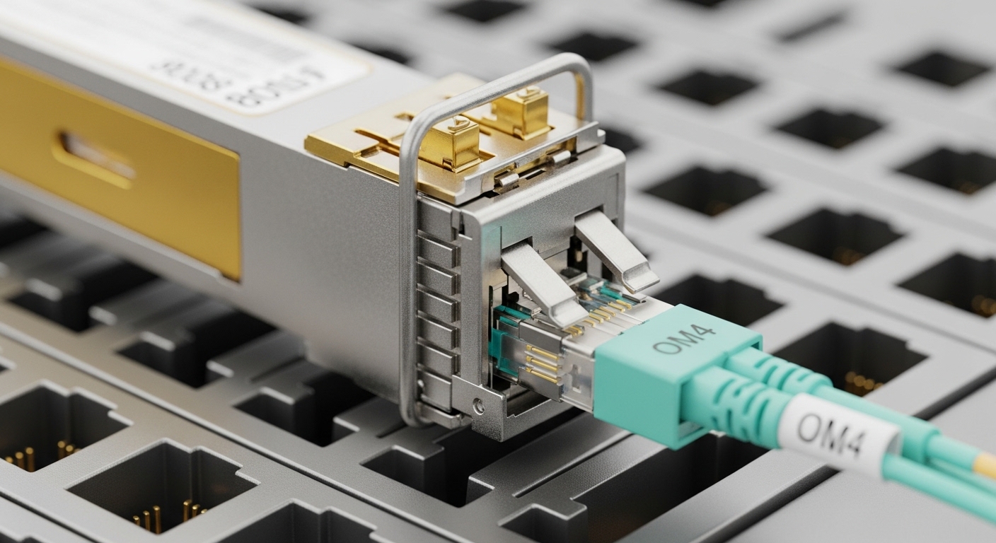 Macro photography of an 800G OSFP transceiver module partially inserted into a high-density AI switch port, showing the optic