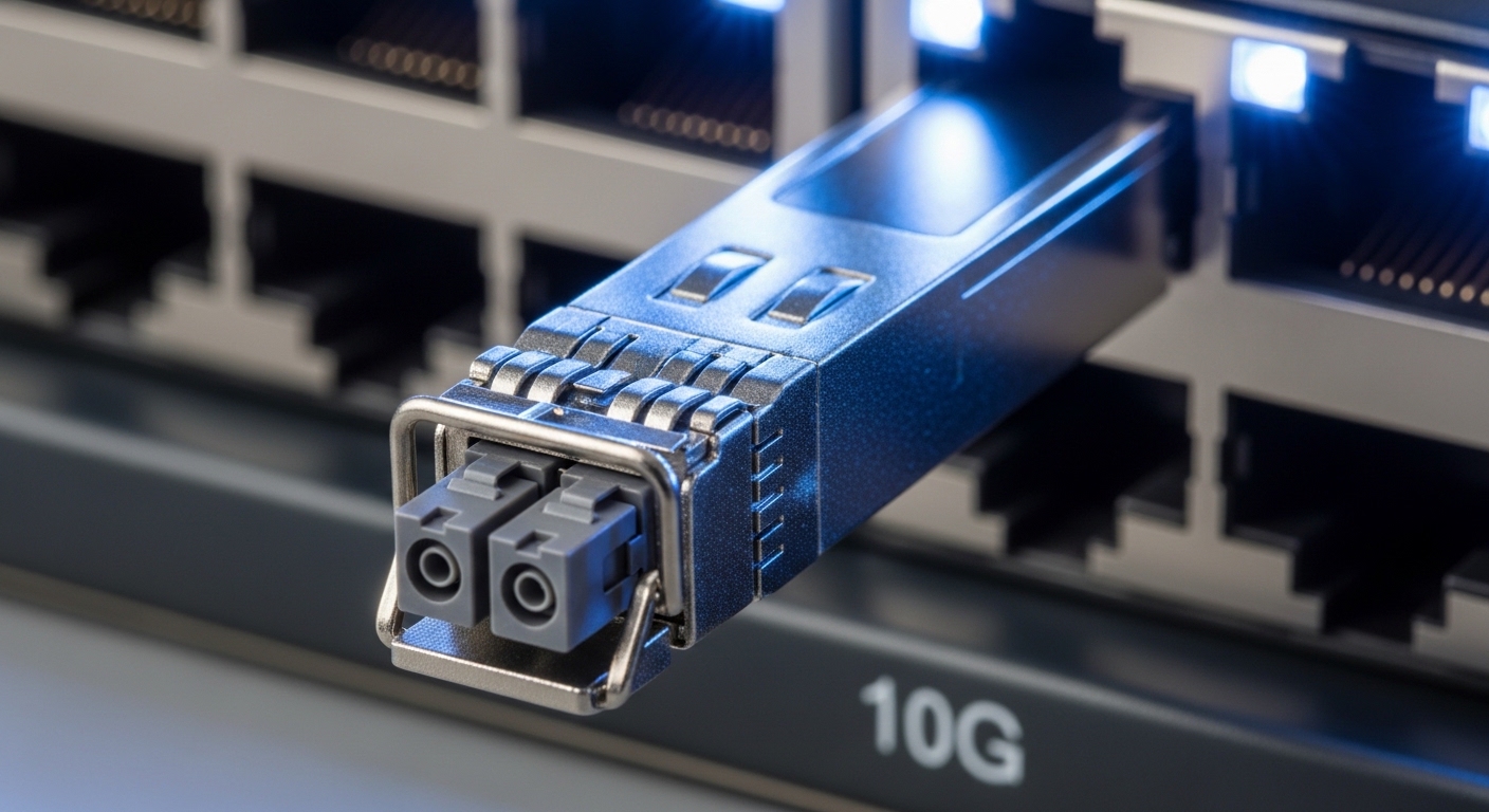Ultra-realistic macro photography of an SFP+ transceiver inserted into a 10G switch port, close-up on the metal housing and L
