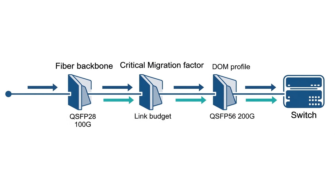 Clean vector illustration showing a migration flow diagram: left side “QSFP28 100G” feeding a switch, right side “QSFP56 200G