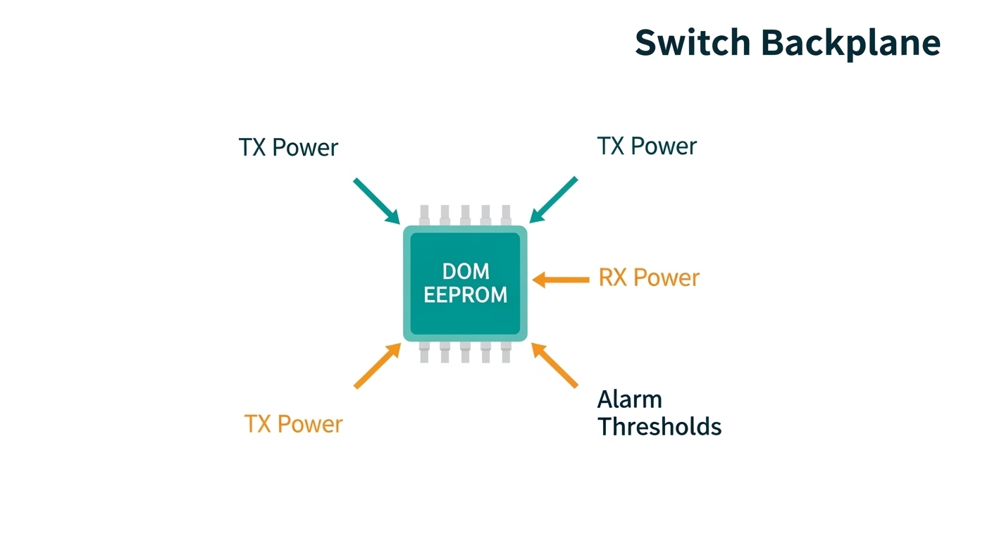 Clean engineering illustration showing a switch backplane with a labeled DOM EEPROM chip, arrows to TX power, RX power, and a