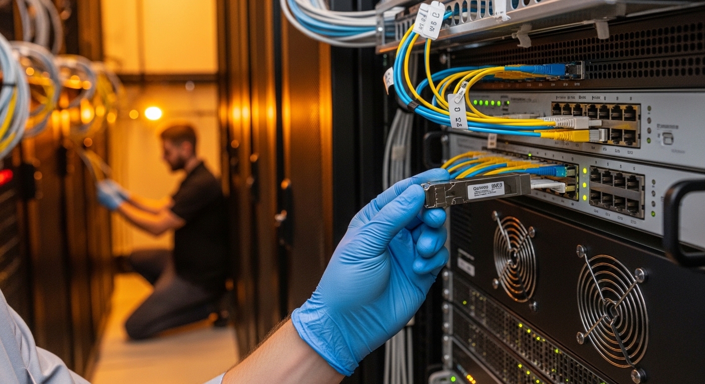 Photorealistic lifestyle scene in a data center aisle: an engineer wearing ESD-safe gloves holds a QSFP56 transceiver above a