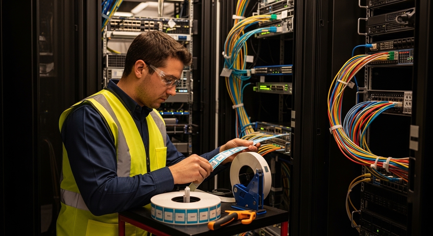 Lifestyle-style scene inside a server room during an AI cluster rollout, a field engineer in high-visibility vest labeling MP