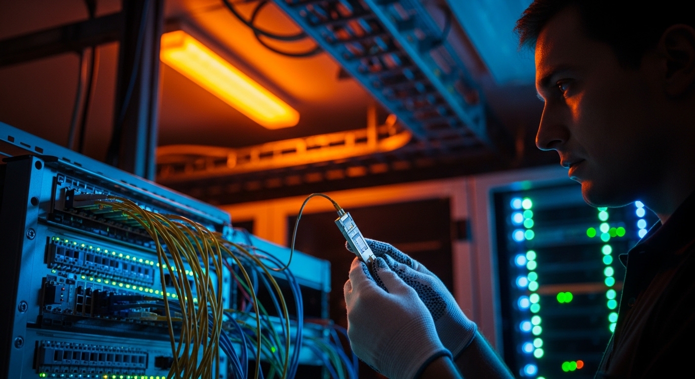 Lifestyle scene in a server room during a night shift, an engineer wearing ESD-safe gloves holding a fiber optic transceiver,