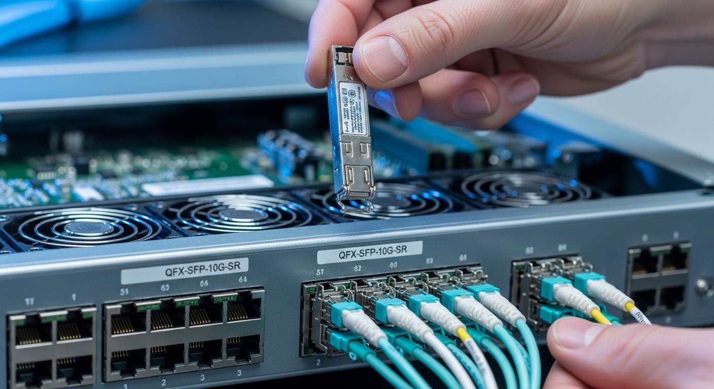 A macro photography scene of a technician holding an SFP+ module above an open QFX switch chassis, with fiber patch cables an