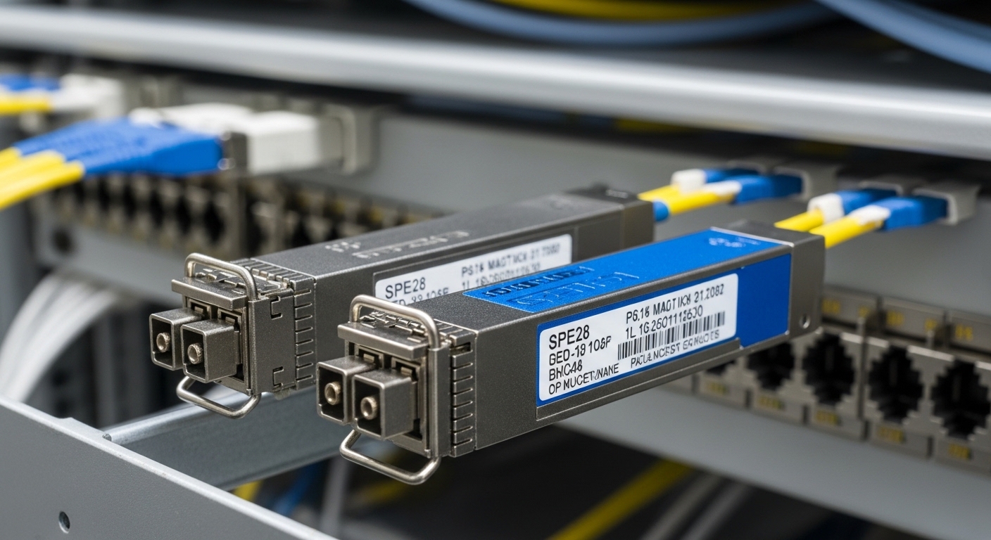 A macro photography scene of an open fiber patch panel in a telecom room, showing two SFP28 transceivers side-by-side; one mo