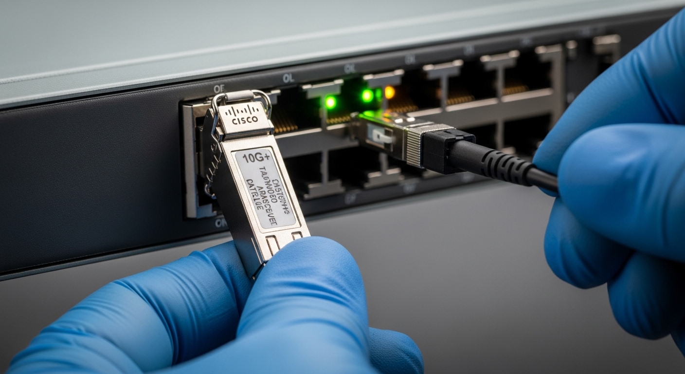 Close-up macro photography of a Cisco Catalyst switch front panel with an inserted 10G SFP+ transceiver, status LEDs visible,