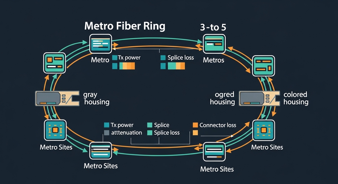 Clean vector illustration of a metro fiber ring diagram, with two transceiver icons labeled “gray housing” and “colored housi