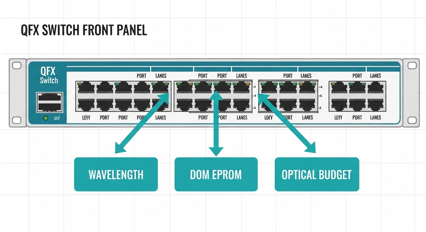 Concept art style diagram of a QFX switch front panel with highlighted port lanes, arrows pointing to wavelength, DOM EEPROM,