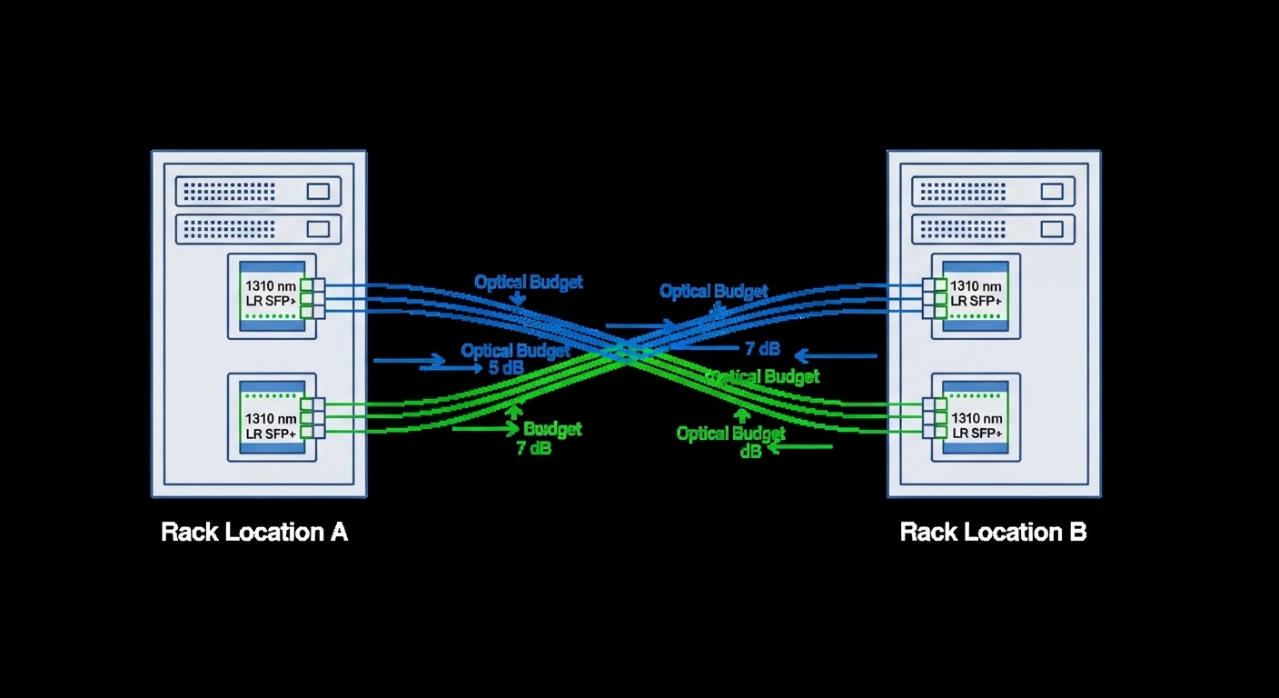 Illustration of a network diagram showing a campus fiber backbone with 1310 nm LR SFP+ modules at two rack locations, arrows 