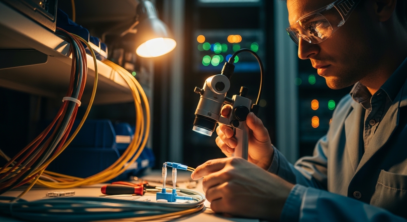 Lifestyle photo style scene of an enterprise network operations engineer in a server room using a handheld fiber inspection m