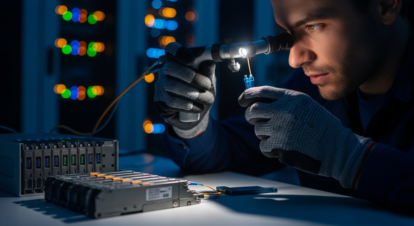Warm lifestyle scene inside a telecom operations room at night, with a technician wearing ESD-safe gloves inspecting a fiber 