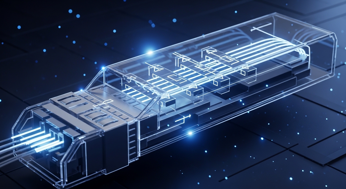 Concept art style render of a QSFP+ transceiver with a transparent view showing four optical lanes, overlaid with simple fibe