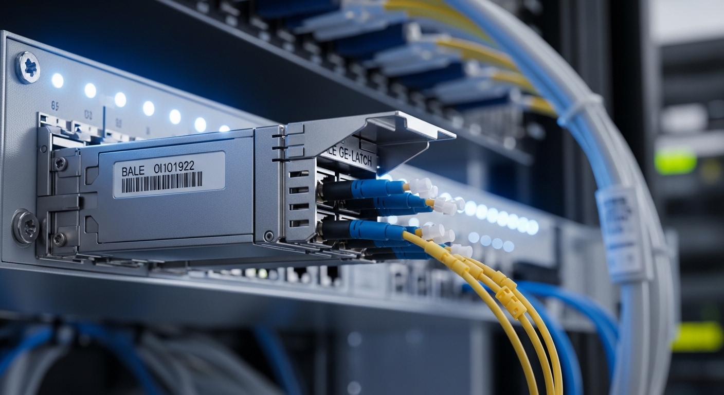 Photorealistic close-up of a 800G optical transceiver cage installed in a top-of-rack switch, showing the bale latch, fiber p